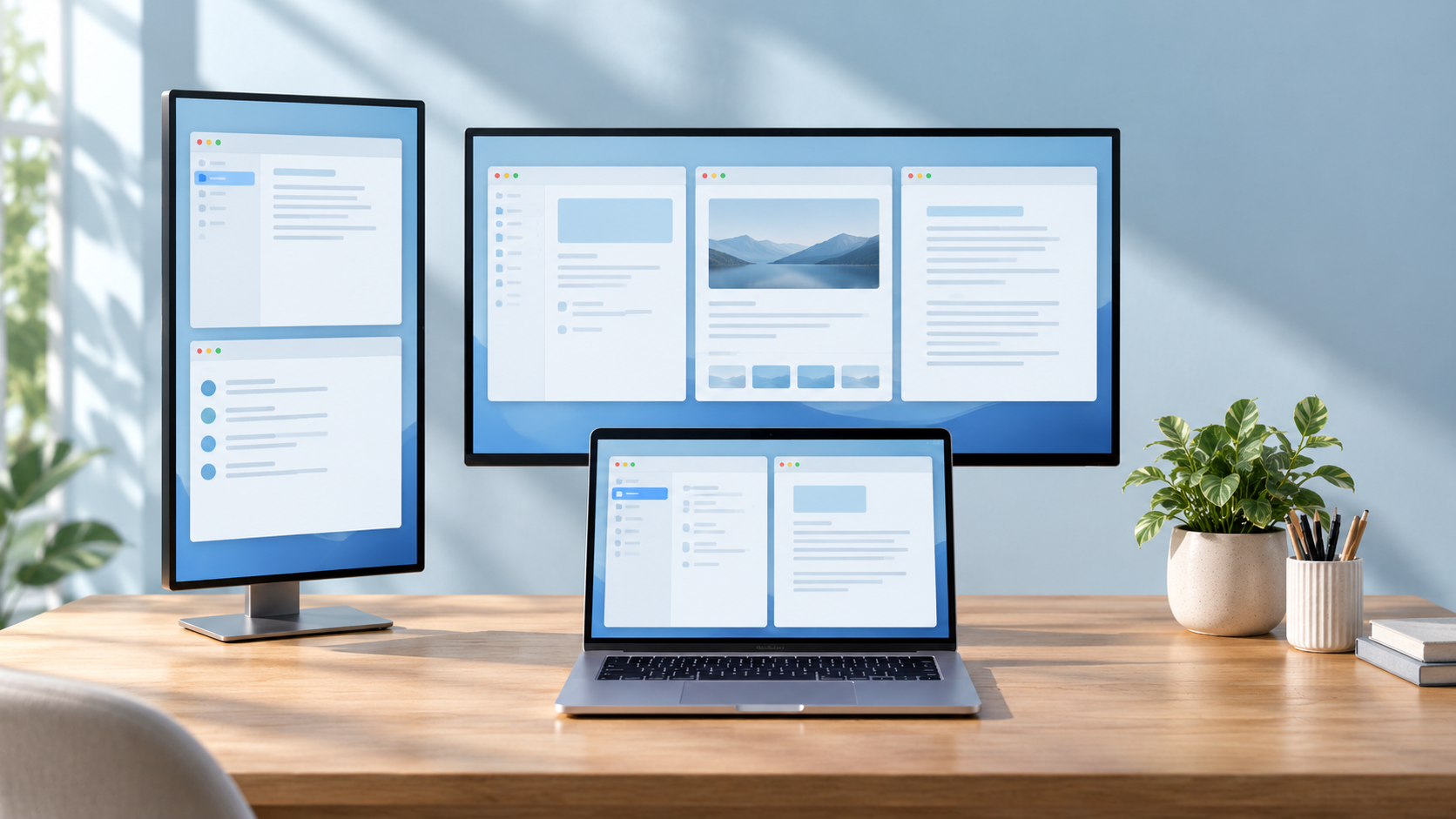 A MacBook, wide monitor, and portrait monitor with app windows arranged into clear layouts