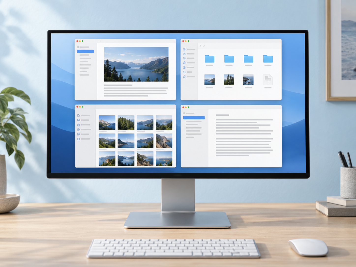 Photorealistic desktop monitor showing four application windows arranged in a clean grid